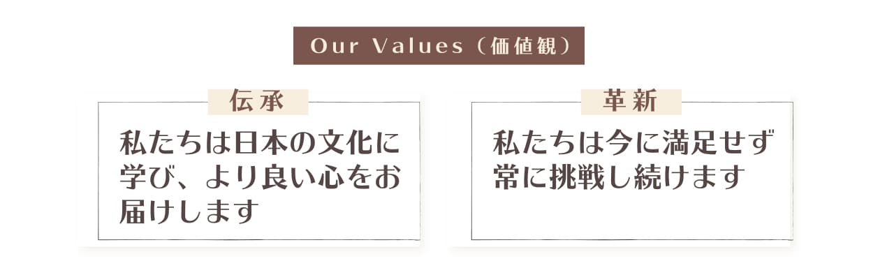 価値観（伝承）私たちは日本の文化に学びより良い心をお届けします。価値観（革新）私たちは今に満足せず常に挑戦し続けます