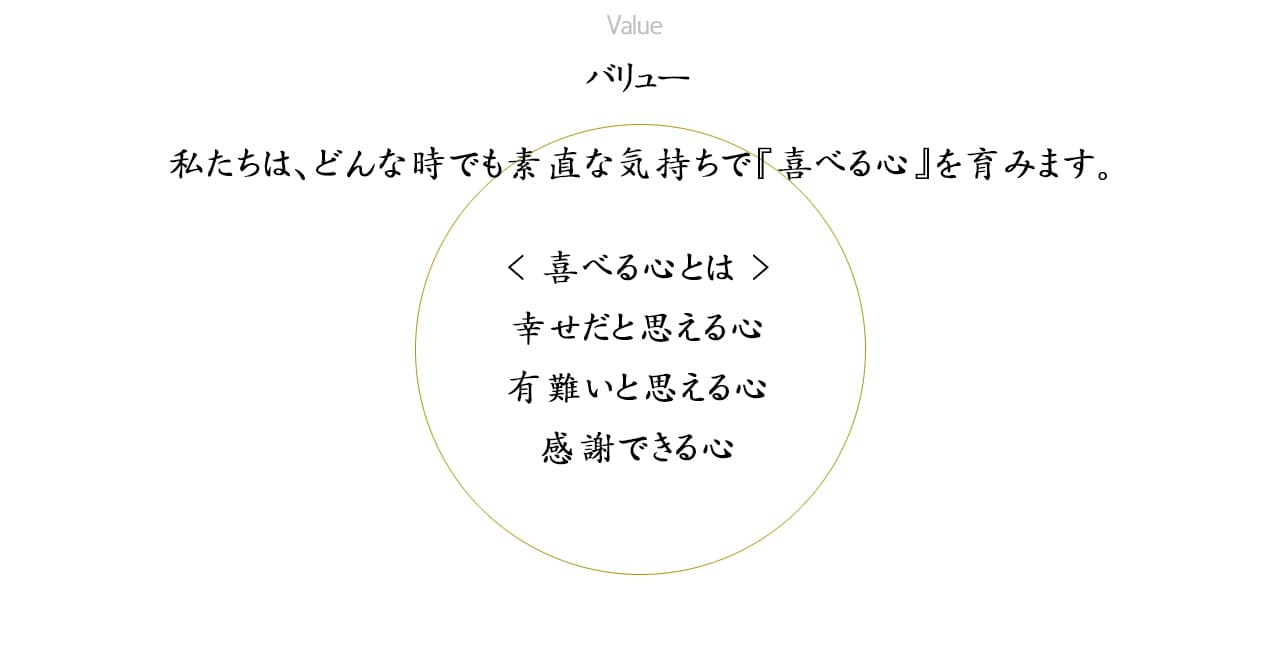 バリュー 私たちは、どんな時でも素直な気持ちで『喜べる心』を育みます