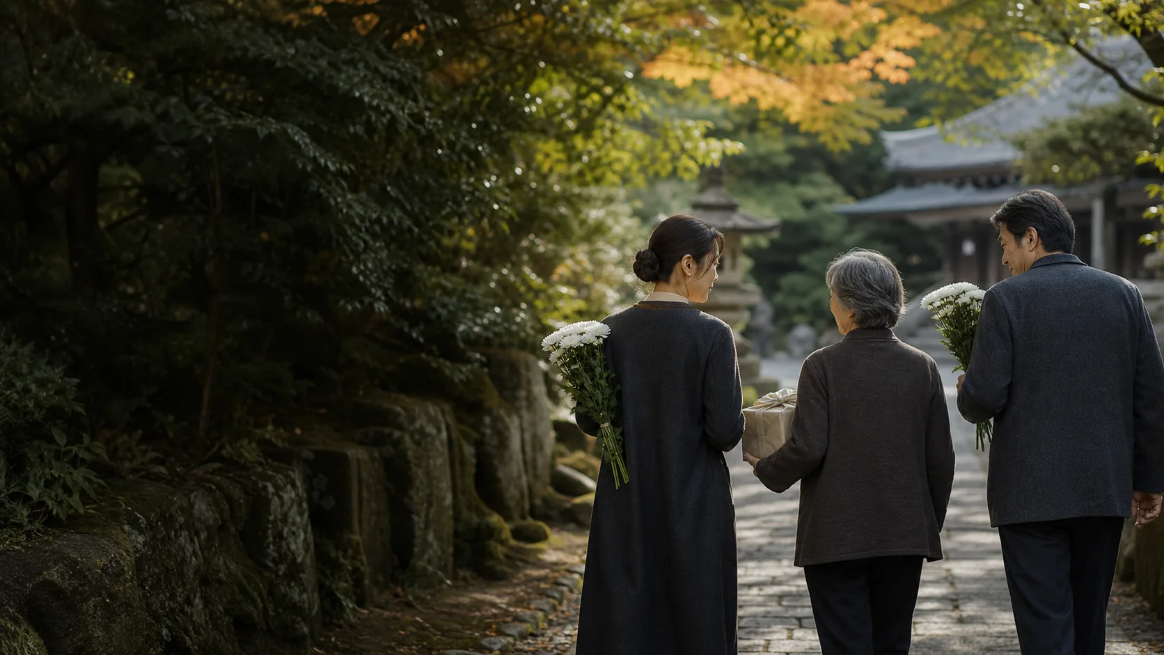 お彼岸に花とお供えを整える家族のイメージ