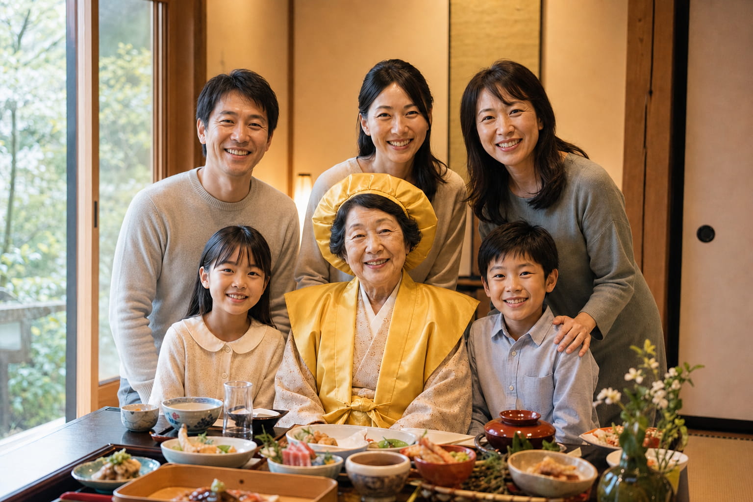 米寿祝いの会食で黄色のちゃんちゃんこを着て家族写真を撮る利用イメージ