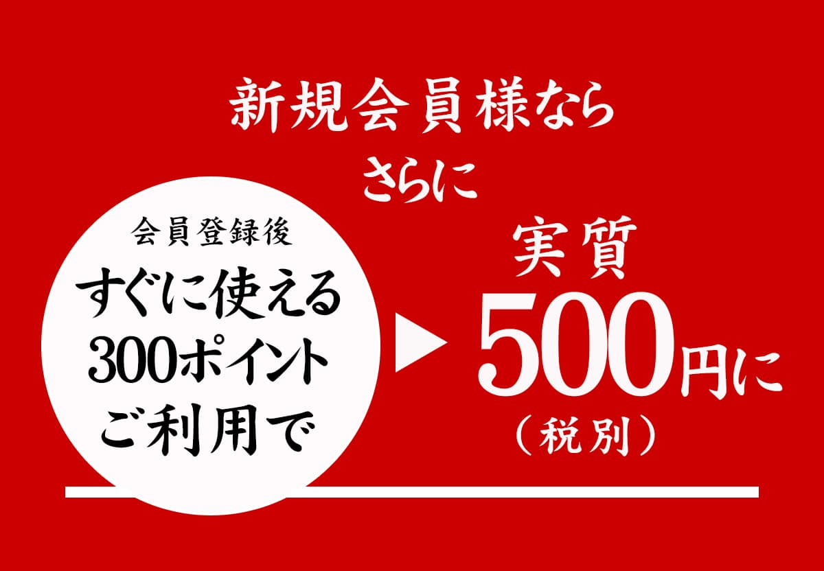 新規会員様ならすぐに使える３００ポイントご利用で実質５００円に