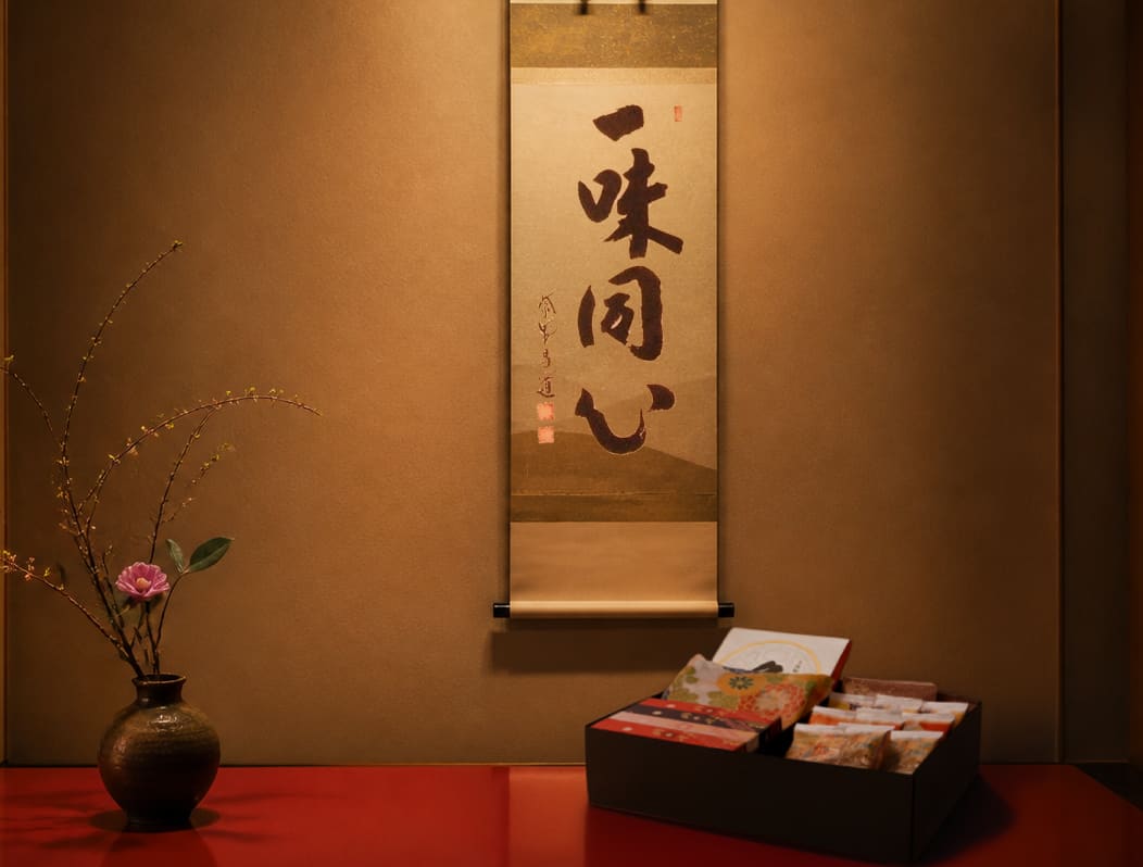 一味同心の掛け軸と、宗禅のお菓子をしつらえた京都の空間